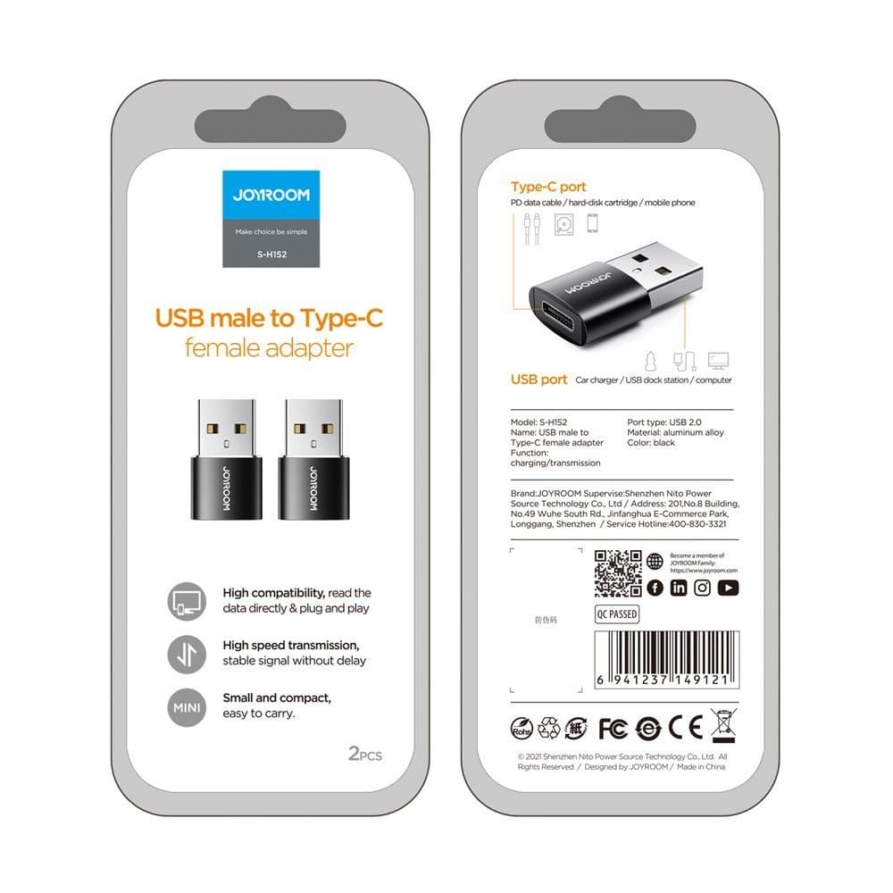 Joyroom adapter USB Type C (female) to USB (male) adapter black (S-H152 Black) 5
