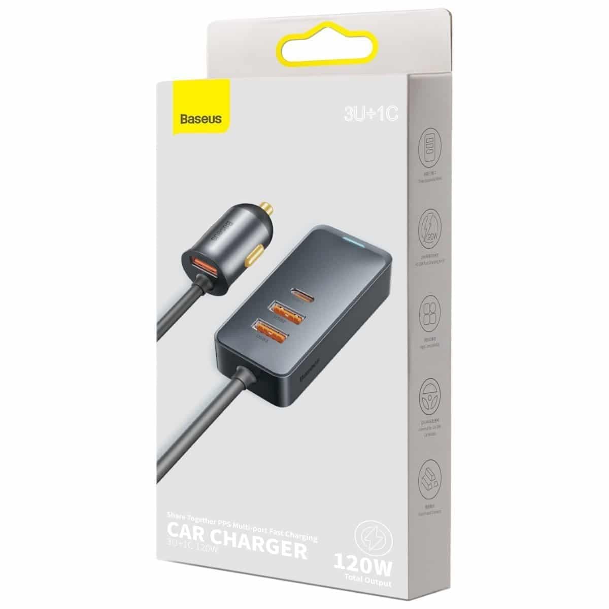 Baseus Share Together car charger with extension cord, 3x USB, USB-C, 120W (gray) 10
