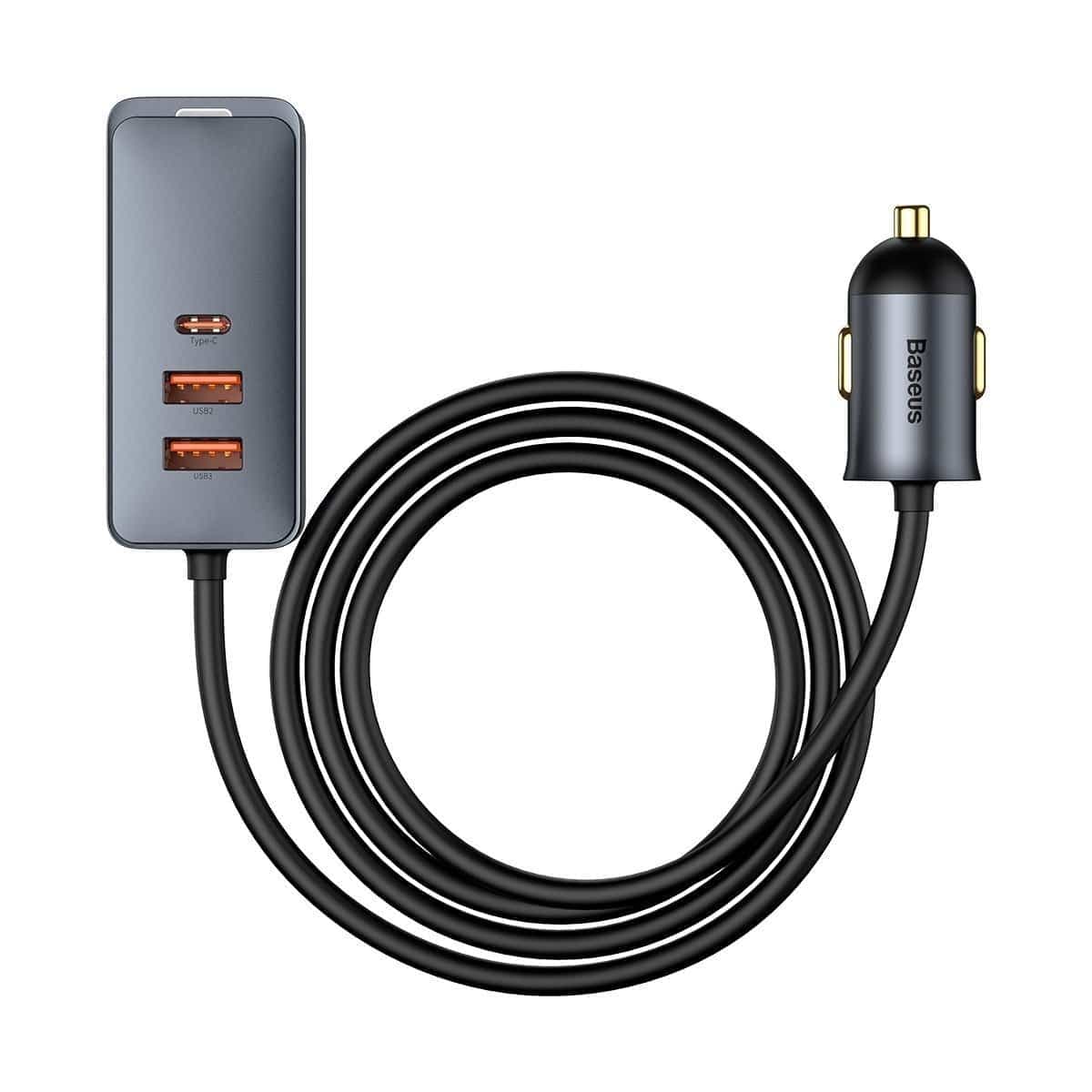 Baseus Share Together car charger with extension cord, 3x USB, USB-C, 120W (gray) 2