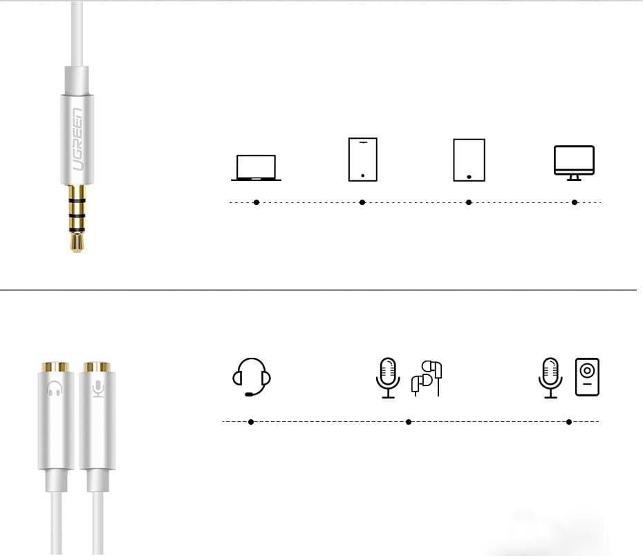 Ugreen cable cable headphone splitter 3.5 mm mini jack AUX microphone 20cm (microphone + stereo output) silver (30619) 5