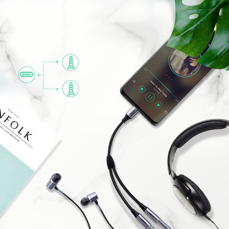 Ugreen cable headphone splitter USB Type C - 2x 3.5 mm mini jack AUX 20cm gray (30732) 2