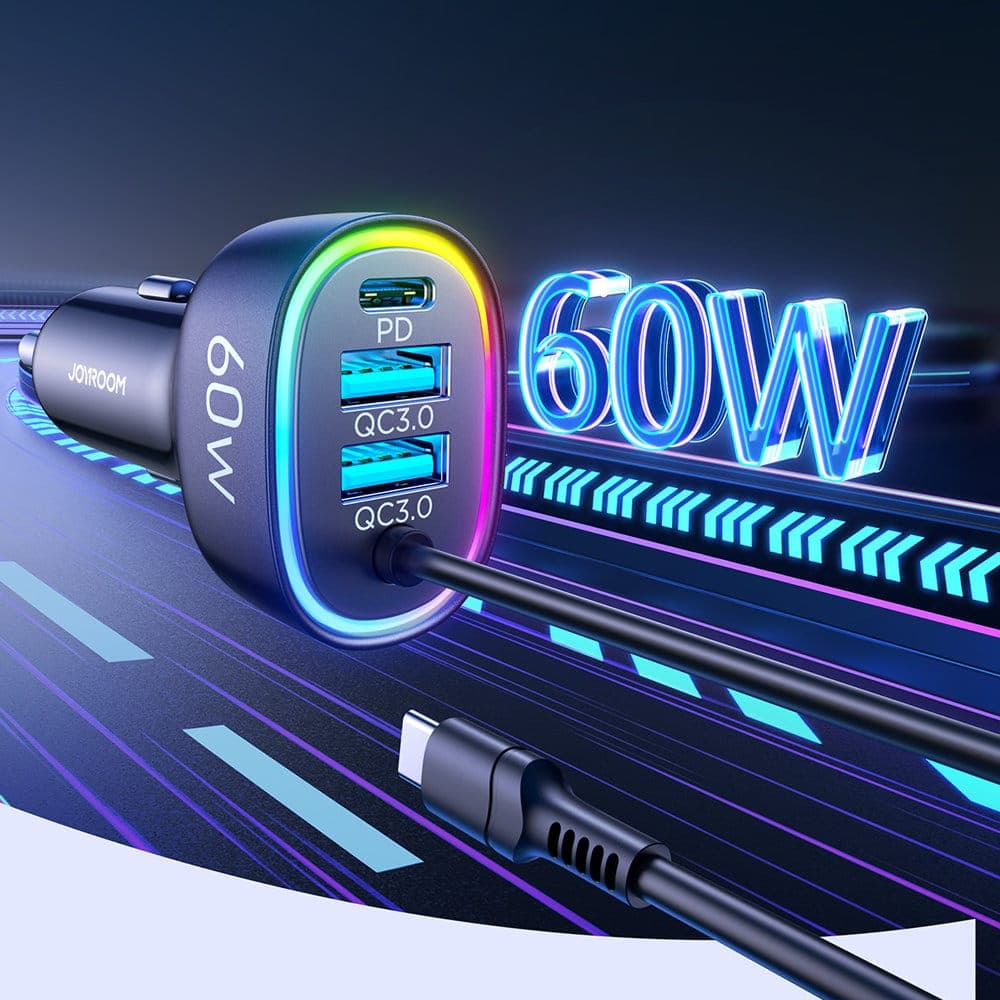 Joyroom 4 in 1 fast car charger PD, QC3.0, AFC, FCP with USB Type C cable 1.6m 60W Μαύρο (JR-CL19) 3