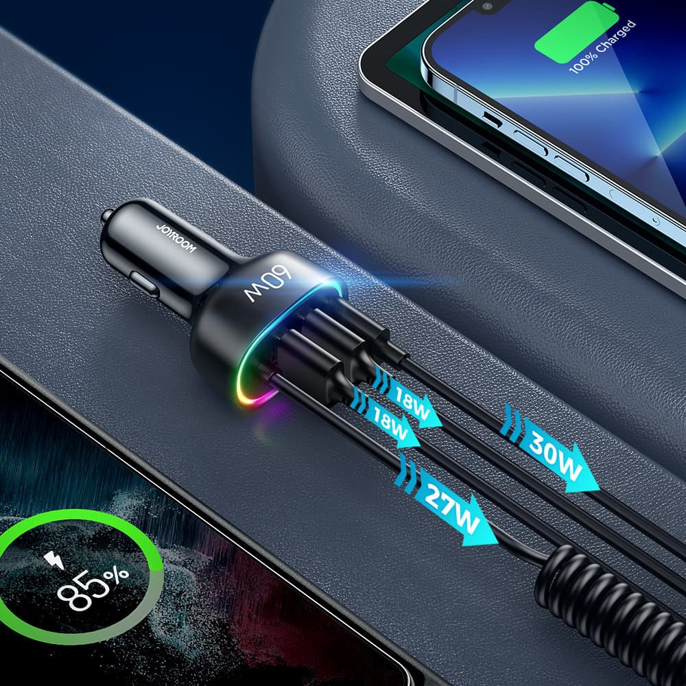Joyroom 4 in 1 fast car charger PD, QC3.0, AFC, FCP with USB Type C cable 1.6m 60W Μαύρο (JR-CL19) 4