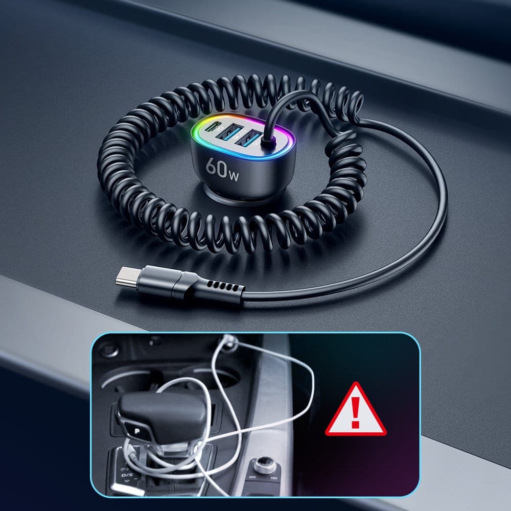 Joyroom 4 in 1 fast car charger PD, QC3.0, AFC, FCP with USB Type C cable 1.6m 60W Μαύρο (JR-CL19) 6