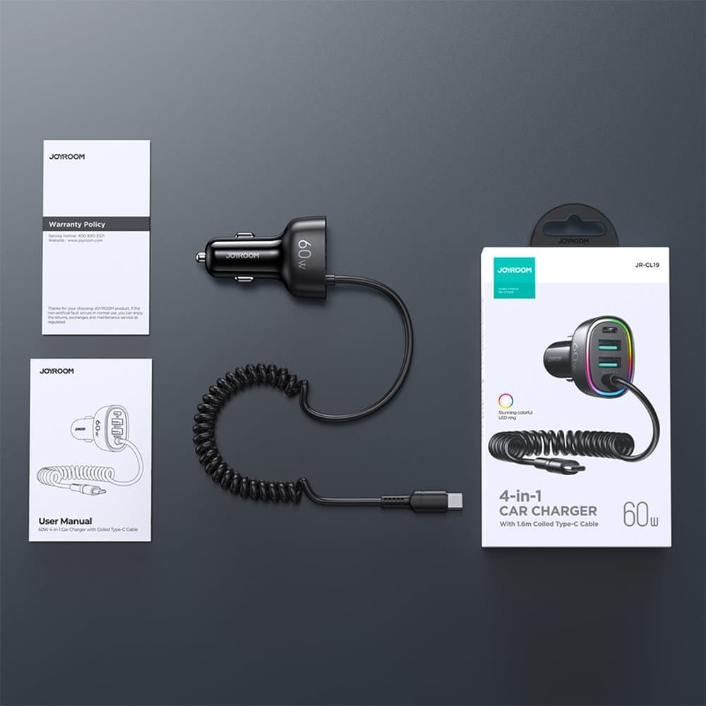 Joyroom 4 in 1 fast car charger PD, QC3.0, AFC, FCP with USB Type C cable 1.6m 60W Μαύρο (JR-CL19) 8
