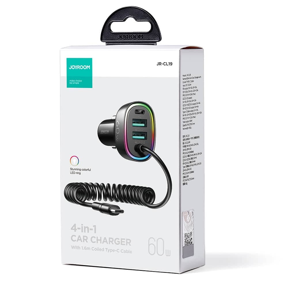 Joyroom 4 in 1 fast car charger PD, QC3.0, AFC, FCP with USB Type C cable 1.6m 60W Μαύρο (JR-CL19) 5
