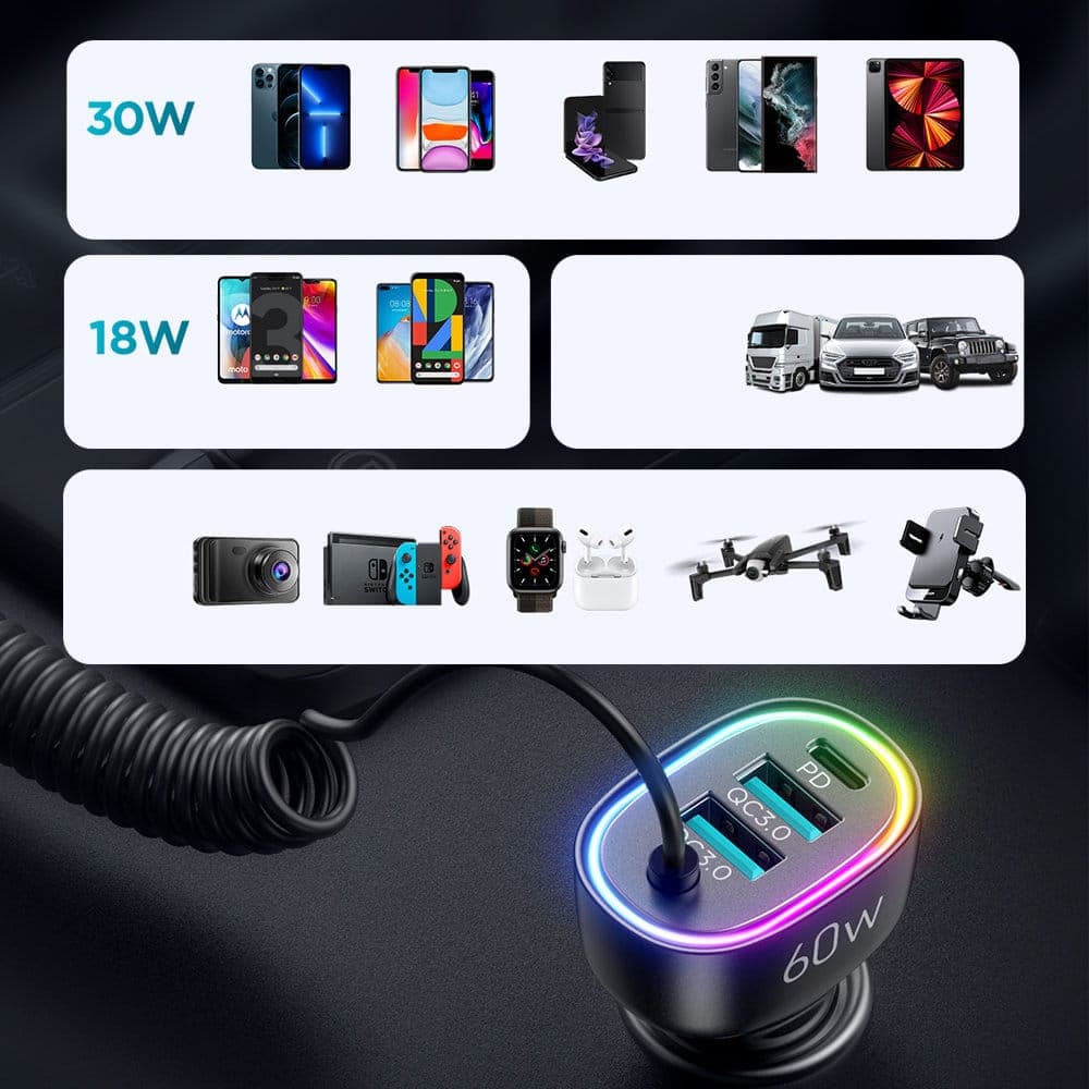 Joyroom 4 in 1 fast car charger PD, QC3.0, AFC, FCP with USB Type C cable 1.6m 60W Μαύρο (JR-CL19) 9