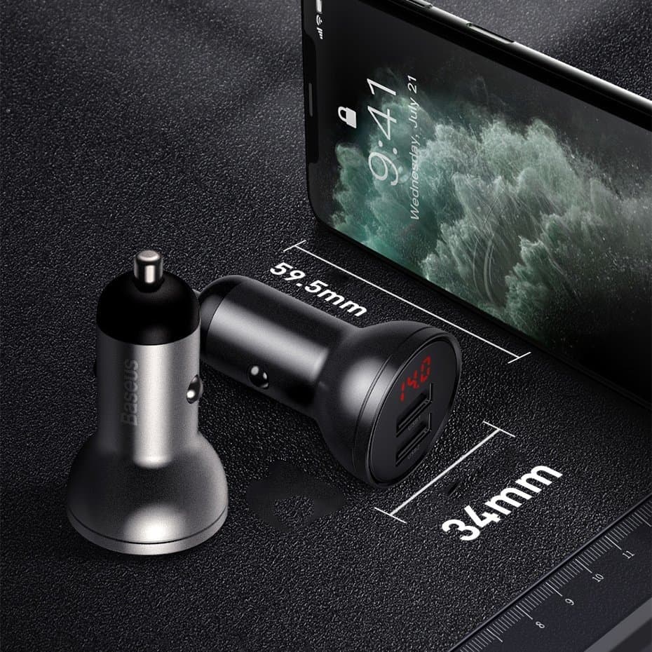 Baseus 2x USB 4.8A 24W car charger with LCD + 3in1 cable USB - USB Type C / micro USB / Lightning 1.2m black (TZCCBX-0G) 8