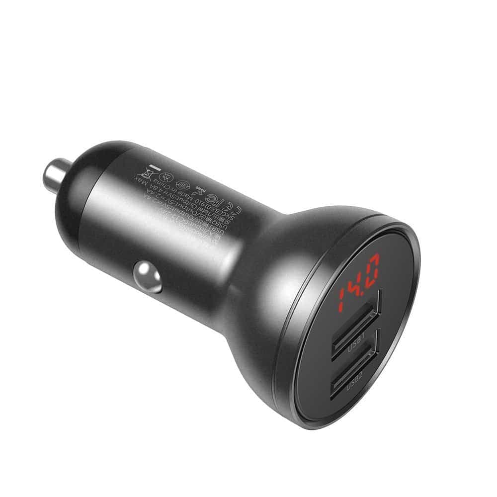 Baseus 2x USB 4.8A 24W car charger with LCD + 3in1 cable USB - USB Type C / micro USB / Lightning 1.2m black (TZCCBX-0G) 2