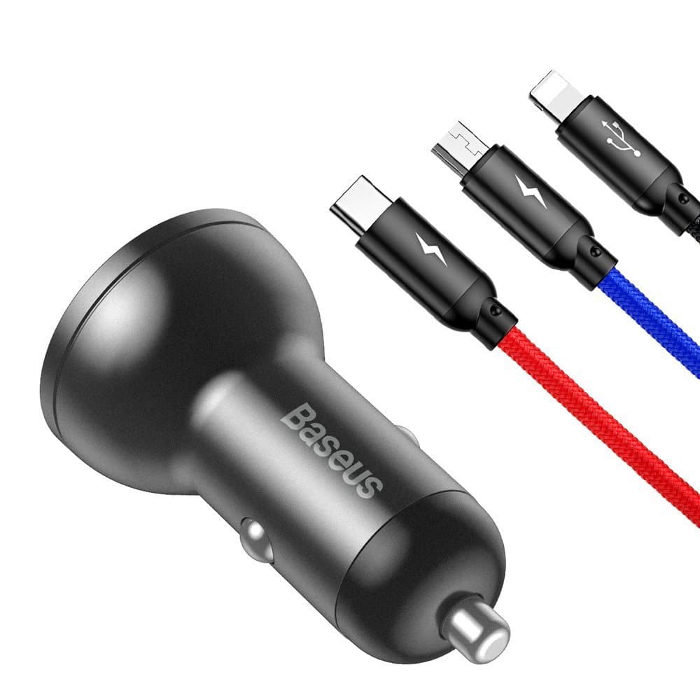 Baseus 2x USB 4.8A 24W car charger with LCD + 3in1 cable USB - USB Type C / micro USB / Lightning 1.2m black (TZCCBX-0G) 3