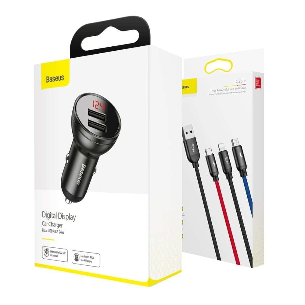 Baseus 2x USB 4.8A 24W car charger with LCD + 3in1 cable USB - USB Type C / micro USB / Lightning 1.2m black (TZCCBX-0G) 17