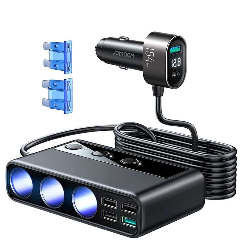 Joyroom 9in1 laptop car charger 154W - 5x USB/1x USB Type C/3x cigarette lighter socket Power Delivery/Quick Charge/PPS/AFC/FCP (JR-CL06) (Μαύρο)