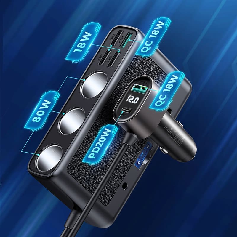 Joyroom 9in1 laptop car charger 154W - 5x USB/1x USB Type C/3x cigarette lighter socket Power Delivery/Quick Charge/PPS/AFC/FCP (JR-CL06) (Μαύρο) 2