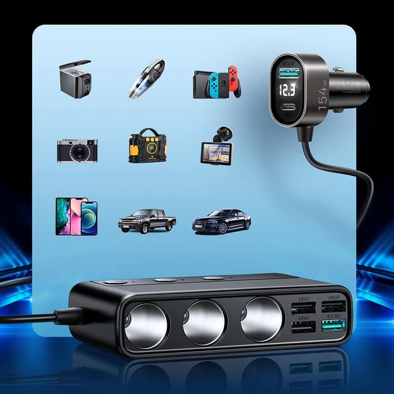 Joyroom 9in1 laptop car charger 154W - 5x USB/1x USB Type C/3x cigarette lighter socket Power Delivery/Quick Charge/PPS/AFC/FCP (JR-CL06) (Μαύρο) 3