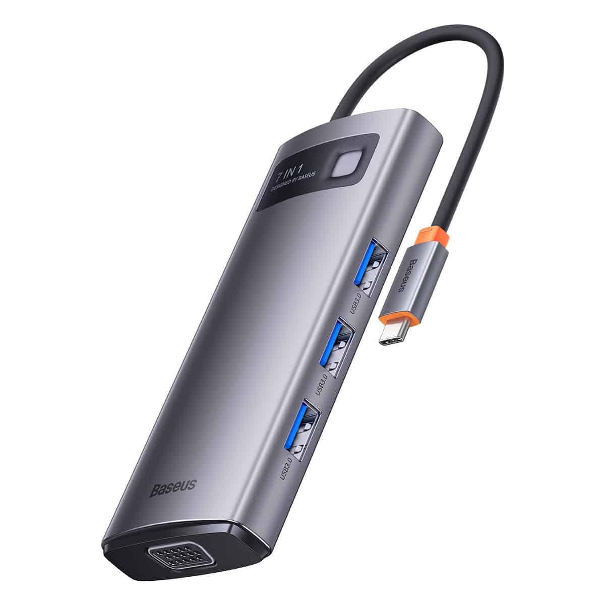 Baseus Metal Gleam Series HUB 7-in-1 USB Type C docking station - 1 x HDMI / 1 x VGA / 3 x USB 3.2 Gen. 1 / 1 x Power Delivery / 1 x RJ-45 Ethernet gray (WKWG040013)