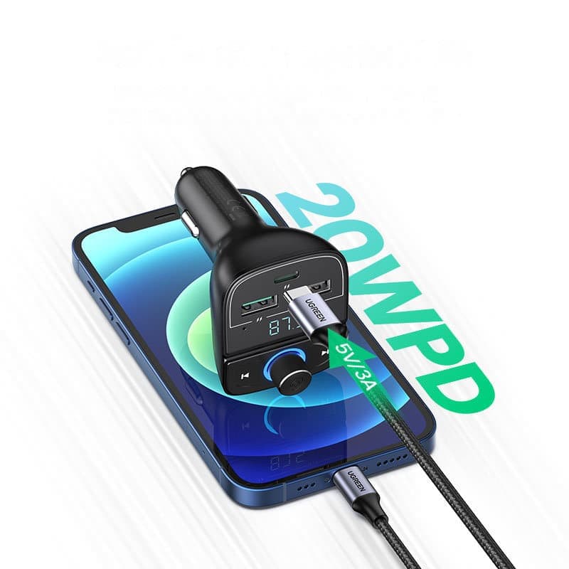 Ugreen FM Transmitter Bluetooth 5.0 MP3 car charger 3x USB TF micro SD 4.8 A black (CD229) 4