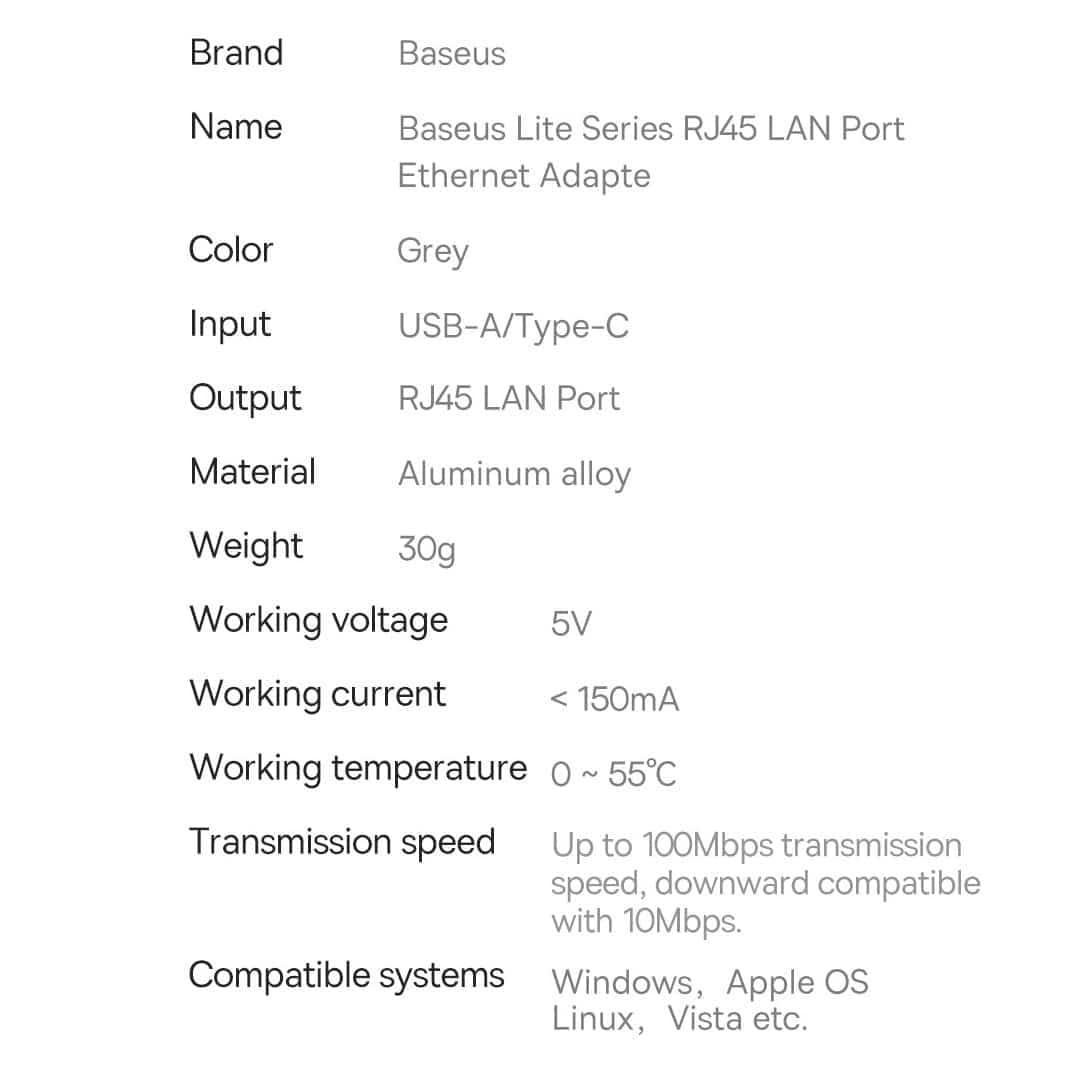 Baseus Lite Series USB adapter - RJ45 LAN socket 100Mbps gray (WKQX000013) 19