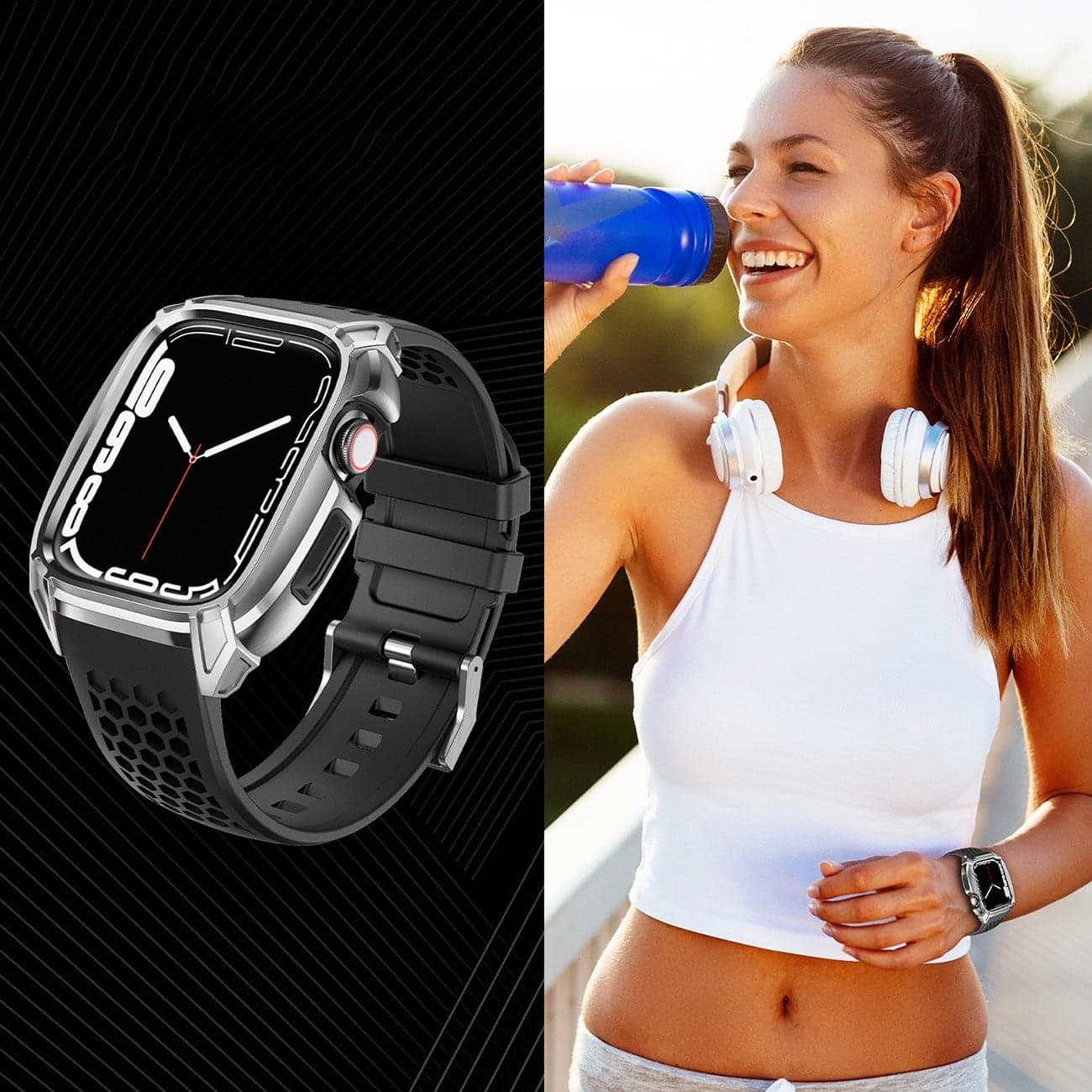 Kingxbar CYF148 2in1 Rugged Case for Apple Watch 8, 7 (45 mm) Stainless Steel with Strap Silver 12