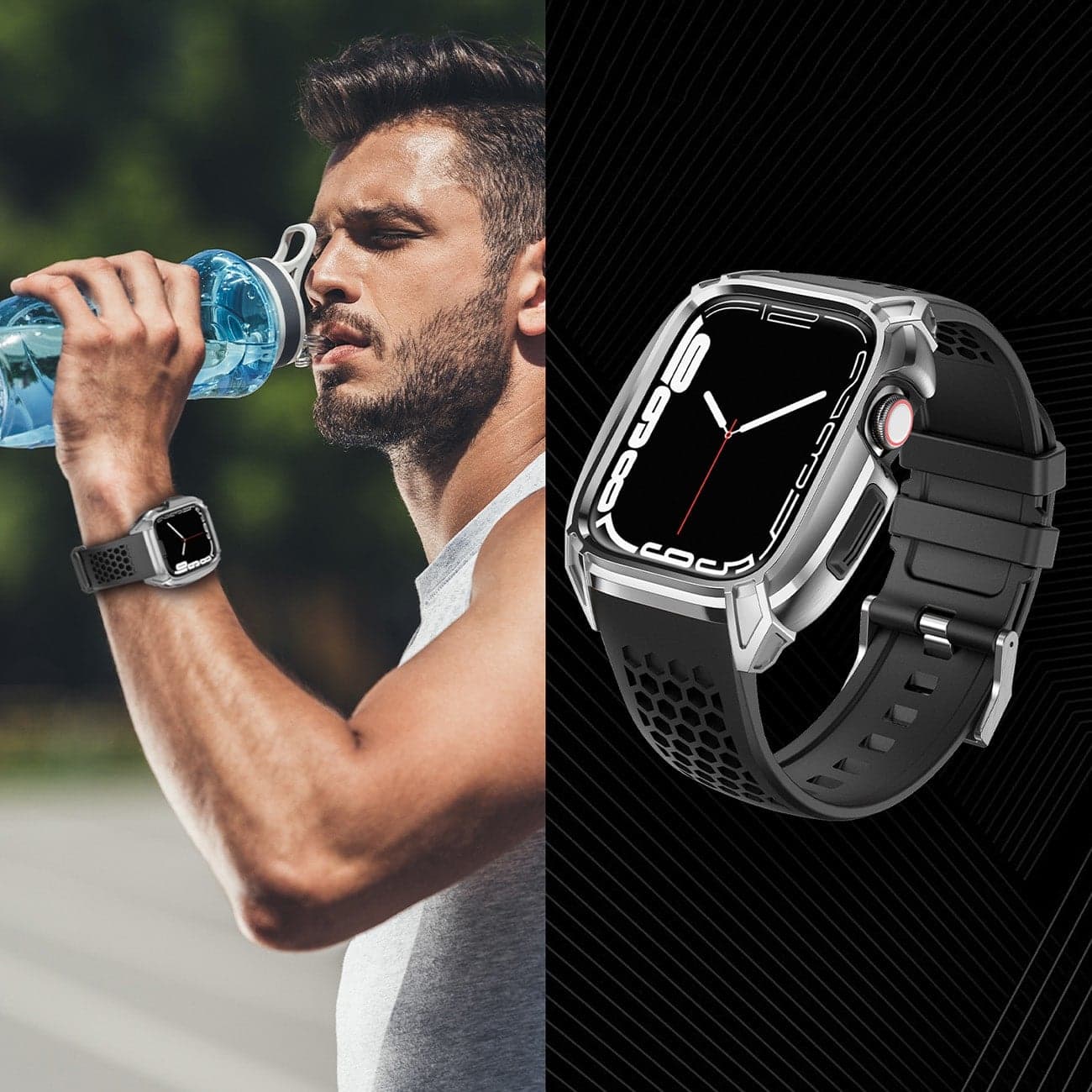 Kingxbar CYF148 2in1 Rugged Case for Apple Watch 8, 7 (45 mm) Stainless Steel with Strap Silver 9