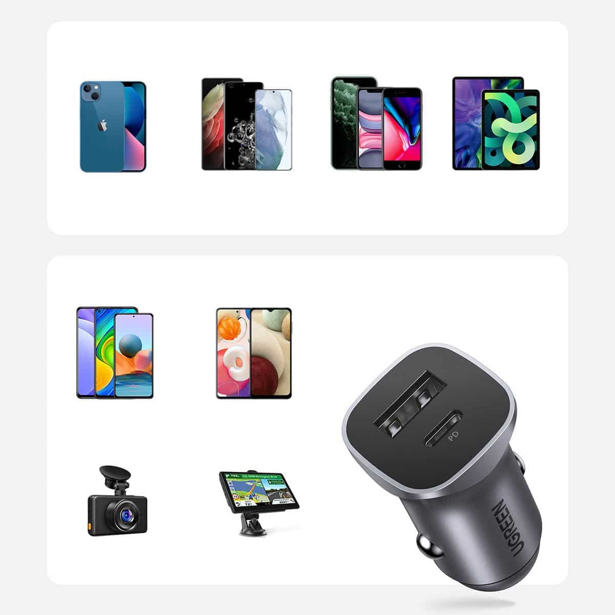 Ugreen fast car charger USB-A / USB-C 30W PD PPS Γκρί (CD130) 16