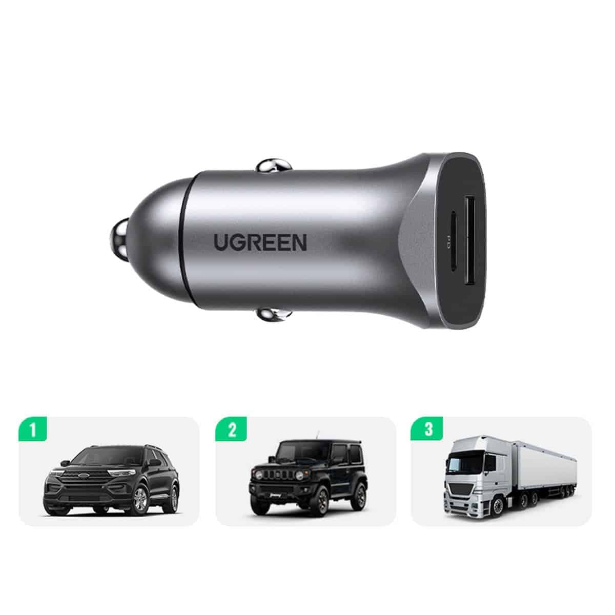 Ugreen fast car charger USB-A / USB-C 30W PD PPS Γκρί (CD130) 12