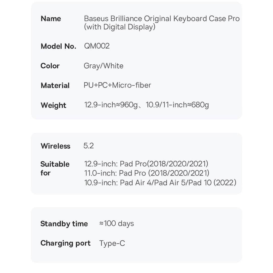 Baseus Brilliance bluetooth keyboard case iPad Pro 11'' (2018) / iPad Air 4 10.9'' / iPad Air 5 10.9'' / iPad 10 10.9'' (2022) magnetic flip stand Γκρί 26