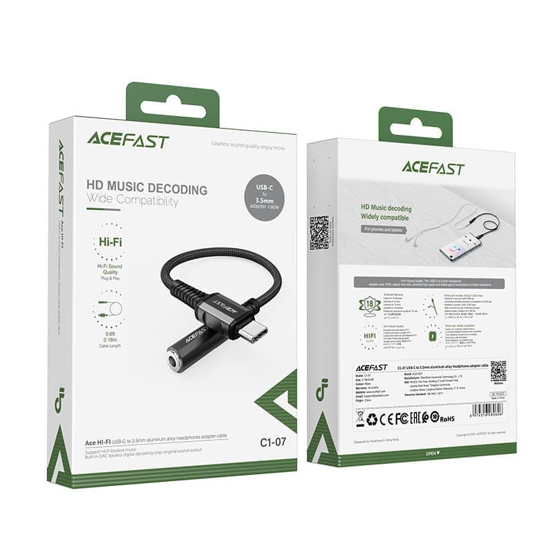 Acefast audio cable USB Type C - 3.5mm mini jack (female) 18cm, DAC, AUX black (C1-07 black) 5
