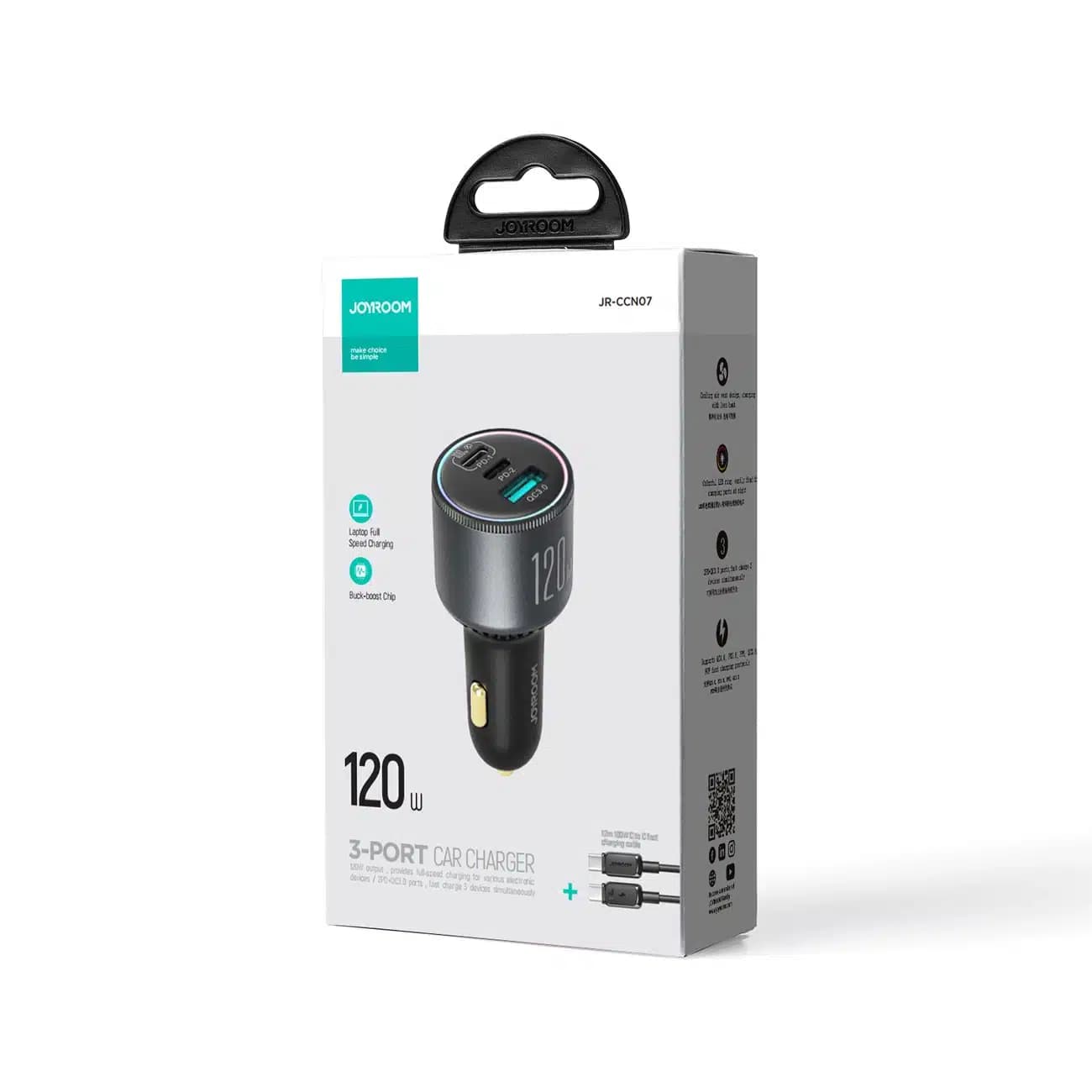 Joyroom JR-CCN07 car charger 120W 2xUSB-C USB-A + USB-C cable 100W - dark Γκρί 5