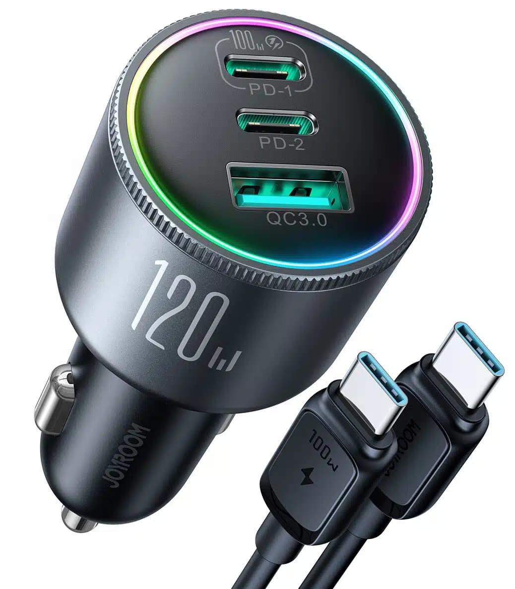 Joyroom JR-CCN07 car charger 120W 2xUSB-C USB-A + USB-C cable 100W - dark Γκρί