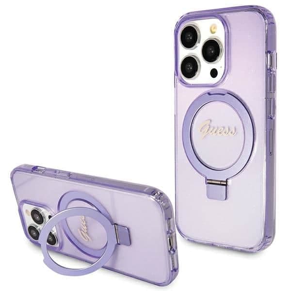 Guess Ring Stand Script Glitter MagSafe - θήκη για Apple iPhone 15 Pro - Μωβ