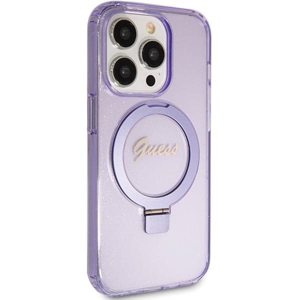 Guess Ring Stand Script Glitter MagSafe - θήκη για Apple iPhone 15 Pro - Μωβ 4