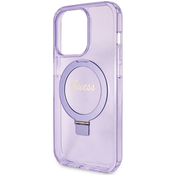 Guess Ring Stand Script Glitter MagSafe - θήκη για Apple iPhone 15 Pro - Μωβ 6