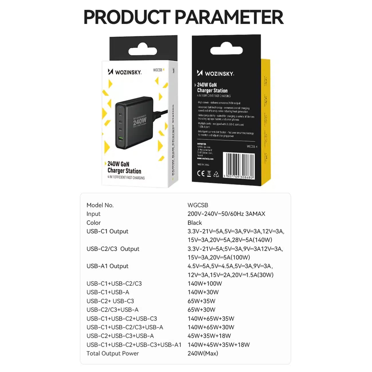Wozinsky WGCSB 240W GaN φορτιστής τοίχου USB-A / 3 x USB-C - μαύρο 6