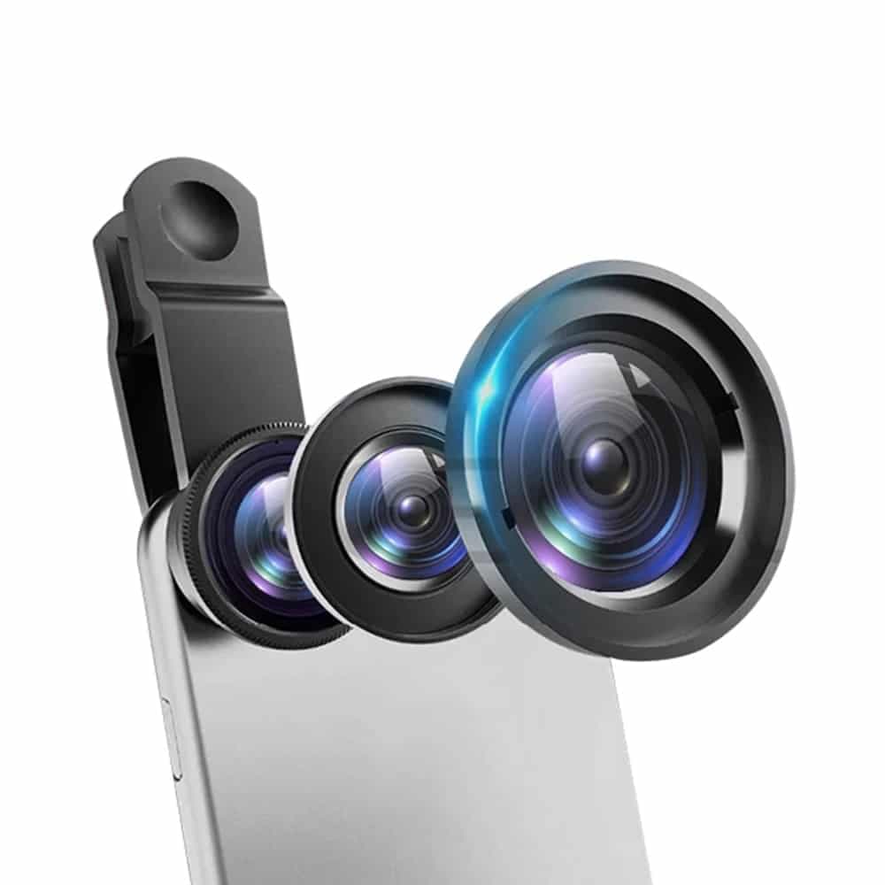 Techsuit - Σετ Φακών για Κάμερα Τηλεφώνου (W33) - Macro, Wide Angle, Fish Eye HD Glass με E-Clip, Τσάντα και Κάλυμμα Φακού - Μαύρο