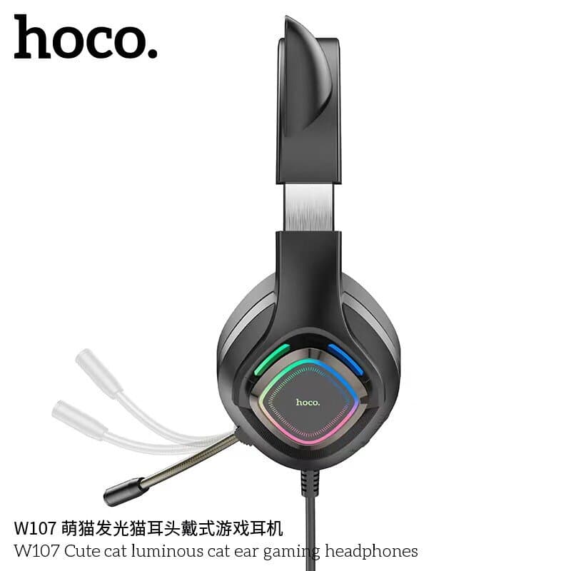 Hoco - Ενσύρματα Ακουστικά με Κατσικίσια Αυτιά (W107) - για Gaming, Jack 3.5mm, με Μικρόφωνο και Πολύχρωμα LED Φώτα - Μαύρο / Ροζ 4