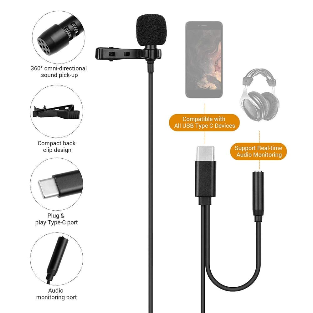 Techsuit - Ενσύρματο Μικρόφωνο Lavalier (WL2) - Type-C, Θηλυκό Jack 3.5mm, Μείωση Θορύβου, Μεταλλικό Κλιπ Γιακά - Μαύρο 5