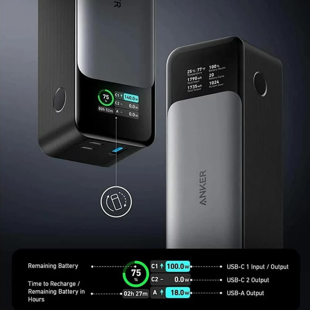 Anker - Power Bank (737) - 24000mAh, 140W, GaN Prime, Ψηφιακή Έξυπνη Οθόνη, 2x USB-C, USB-A, PowerDelivery 3.1 - Μαύρο/Γκρι 6