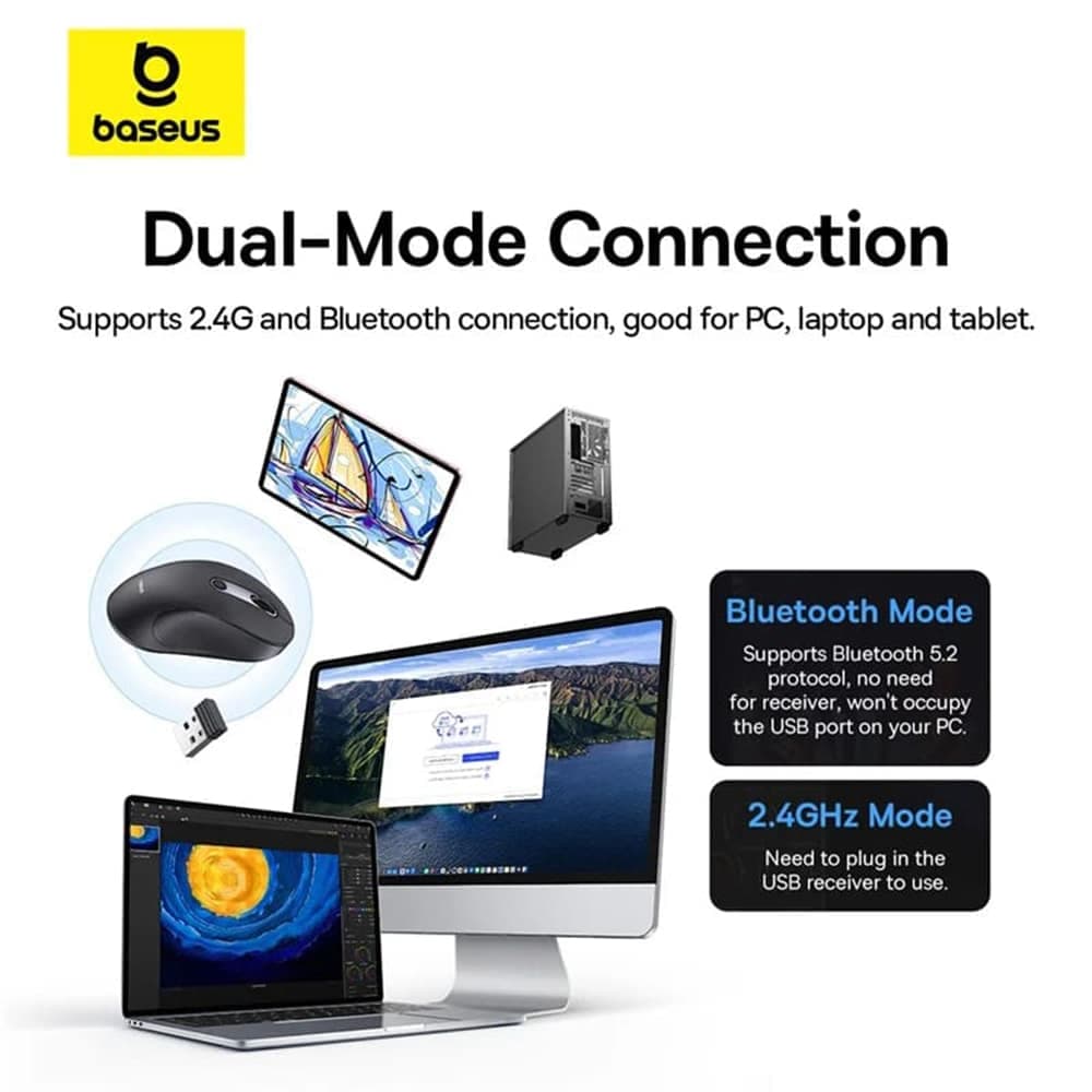 Baseus - Ασύρματο Ποντίκι F02 (B01055505111-01) - Bluetooth 5.2, 2.4G, 4000 DPI - Cluster Μαύρο 5