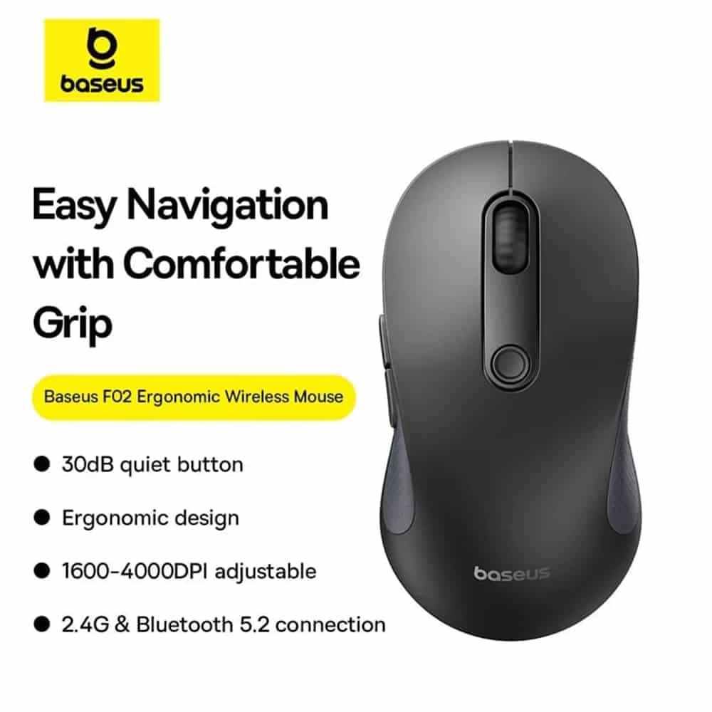 Baseus - Ασύρματο Ποντίκι F02 (B01055505111-01) - Bluetooth 5.2, 2.4G, 4000 DPI - Cluster Μαύρο 3