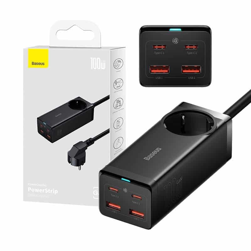 Baseus - Φορτιστής Τοίχου/Πολύπριζο (PSZM000401) - GaN3 Pro, 2xUSB, 2xUSB-C, AC, 100W - Μαύρο 7