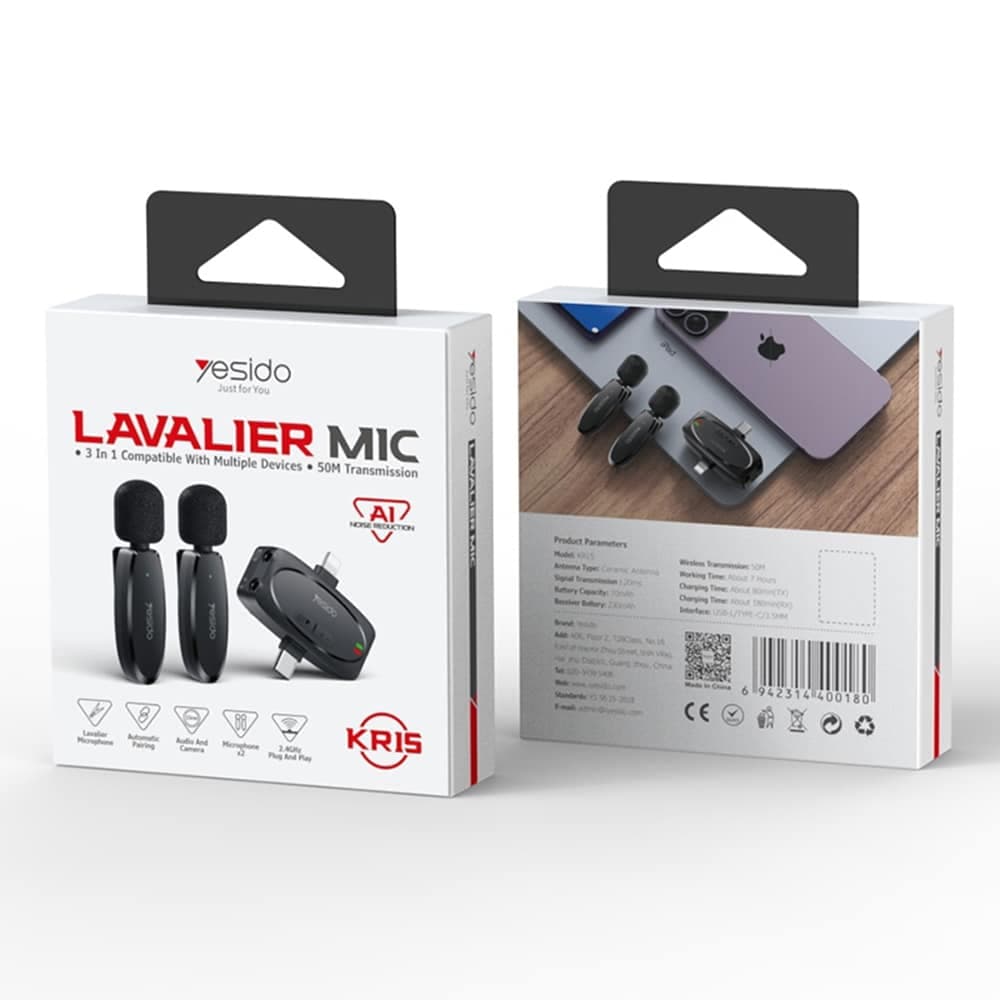 Yesido - (2 pack) Ασύρματα Μικρόφωνα Lavalier (KR15) - Δέκτης 3 σε 1, TC, Φωτισμός, Υποδοχή 3.5mm, 2.4GHz - Μαύρο 8