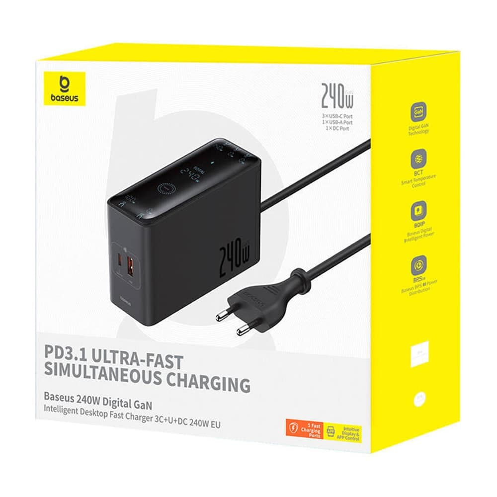 Baseus - Σταθμός Φόρτισης (P10163901113-00) - GaN, 3x USB-C, USB, DC, 240W, 1m - Μαύρο 8