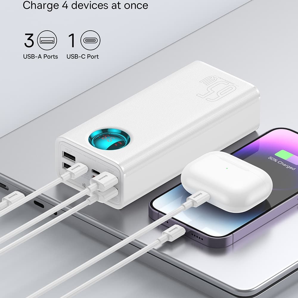 Baseus - Power Bank (P10022402223-00) - 4x USB, Type-C, Lighting, Micro-USB, Γρήγορη φόρτιση, 65W, 26800mAh, Καλώδιο USB-C - Λευκό 5