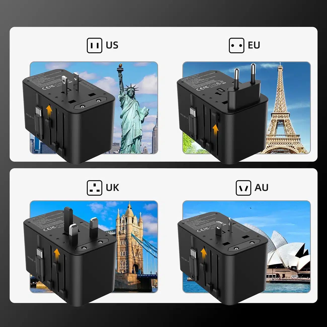 Choetech PD5022 70W ταξιδιωτικός αντάπτορας EU/US/AUS/UK με ενσωματωμένο καλώδιο USB-C - μαύρος 5