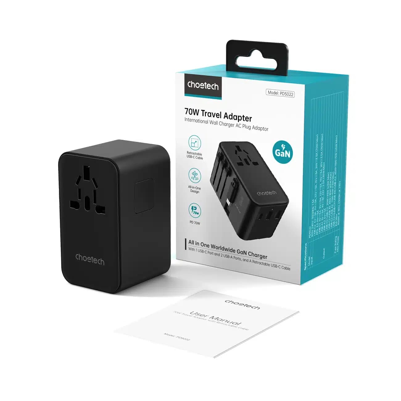 Choetech PD5022 70W ταξιδιωτικός αντάπτορας EU/US/AUS/UK με ενσωματωμένο καλώδιο USB-C - μαύρος 3