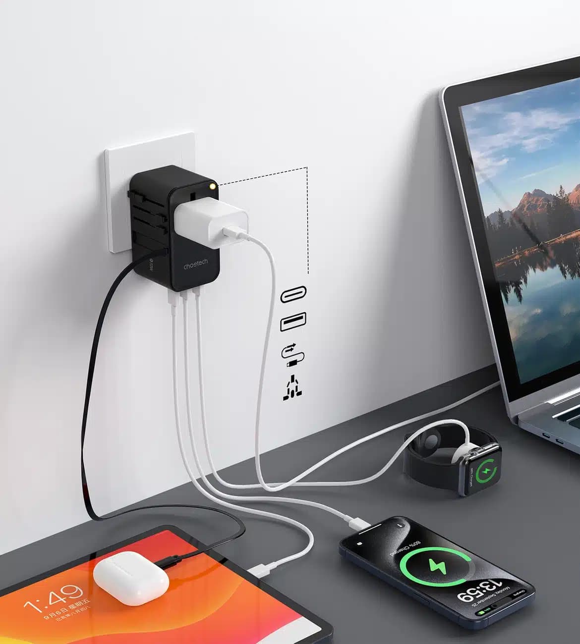 Choetech PD5022 70W ταξιδιωτικός αντάπτορας EU/US/AUS/UK με ενσωματωμένο καλώδιο USB-C - μαύρος 6