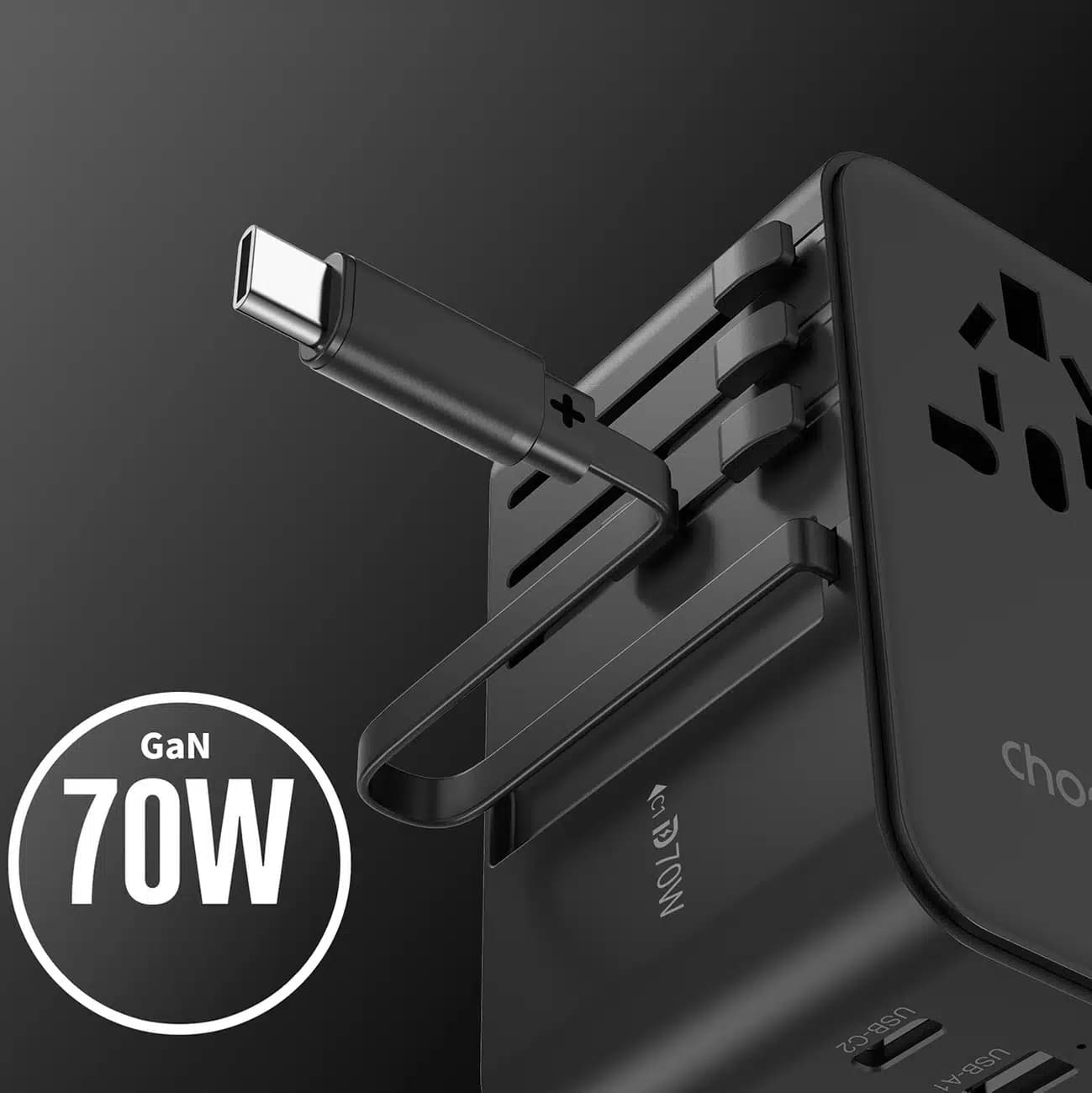 Choetech PD5022 70W ταξιδιωτικός αντάπτορας EU/US/AUS/UK με ενσωματωμένο καλώδιο USB-C - μαύρος 7