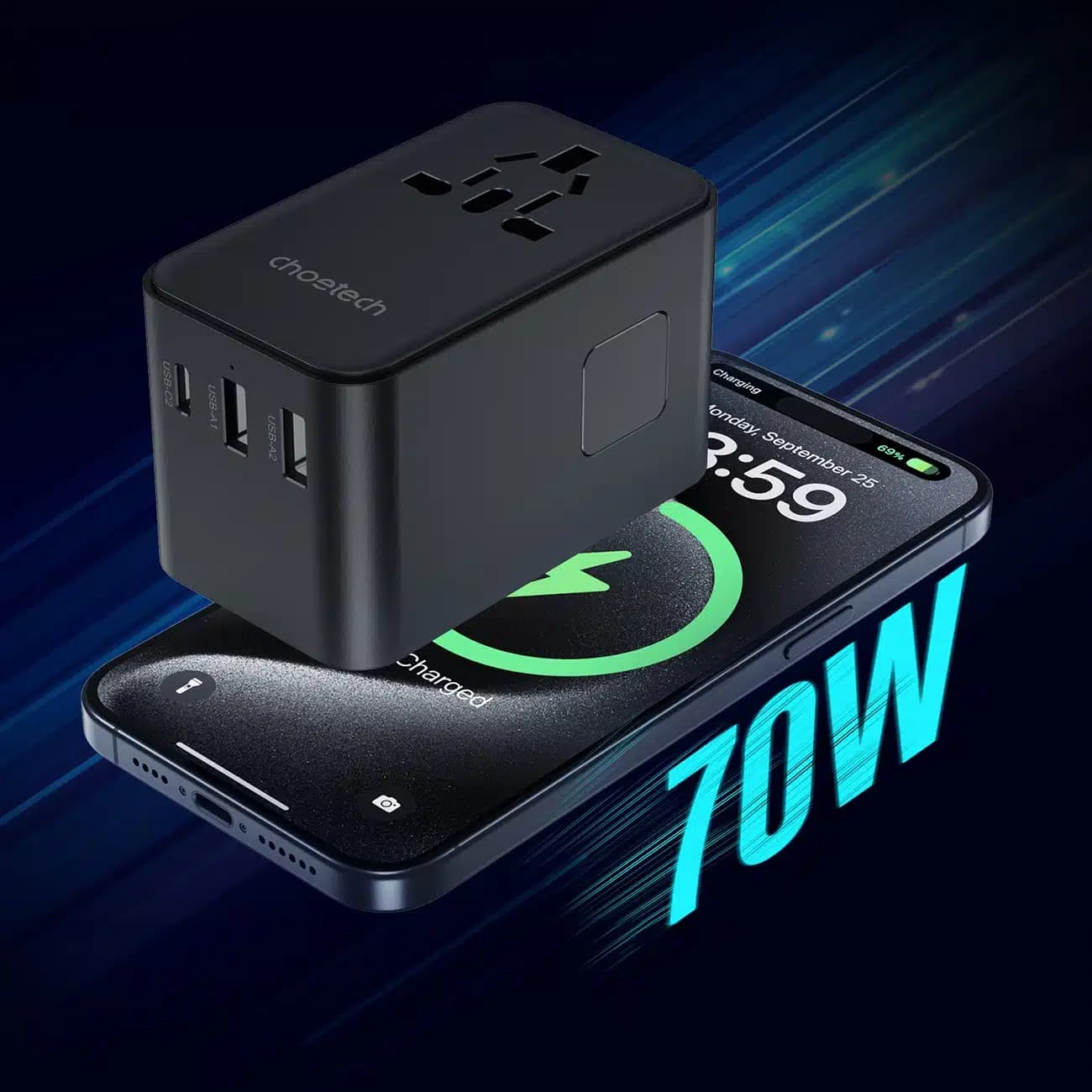 Choetech PD5022 70W ταξιδιωτικός αντάπτορας EU/US/AUS/UK με ενσωματωμένο καλώδιο USB-C - μαύρος 10