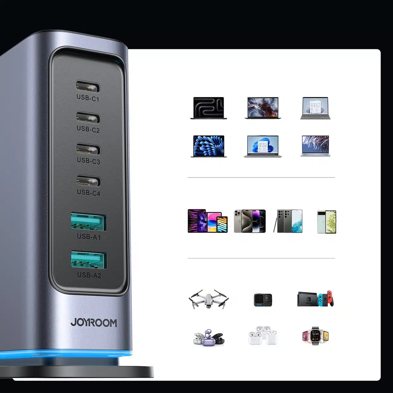 Joyroom JR-TCM02 φορτιστής GaN 65W ΕΕ 4x USB-C 2x USB-A - σκούρο γκρι 10