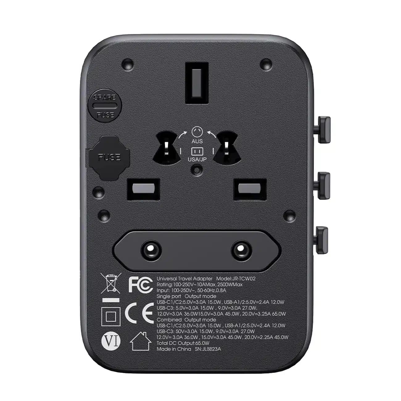 Joyroom JR-TCW02 65W ταξιδιωτικός αντάπτορας universal ΕΕ / ΗΠΑ / Ιαπωνία / Αυστραλία / Ηνωμένο Βασίλειο / Κίνα - Μαύρος 4